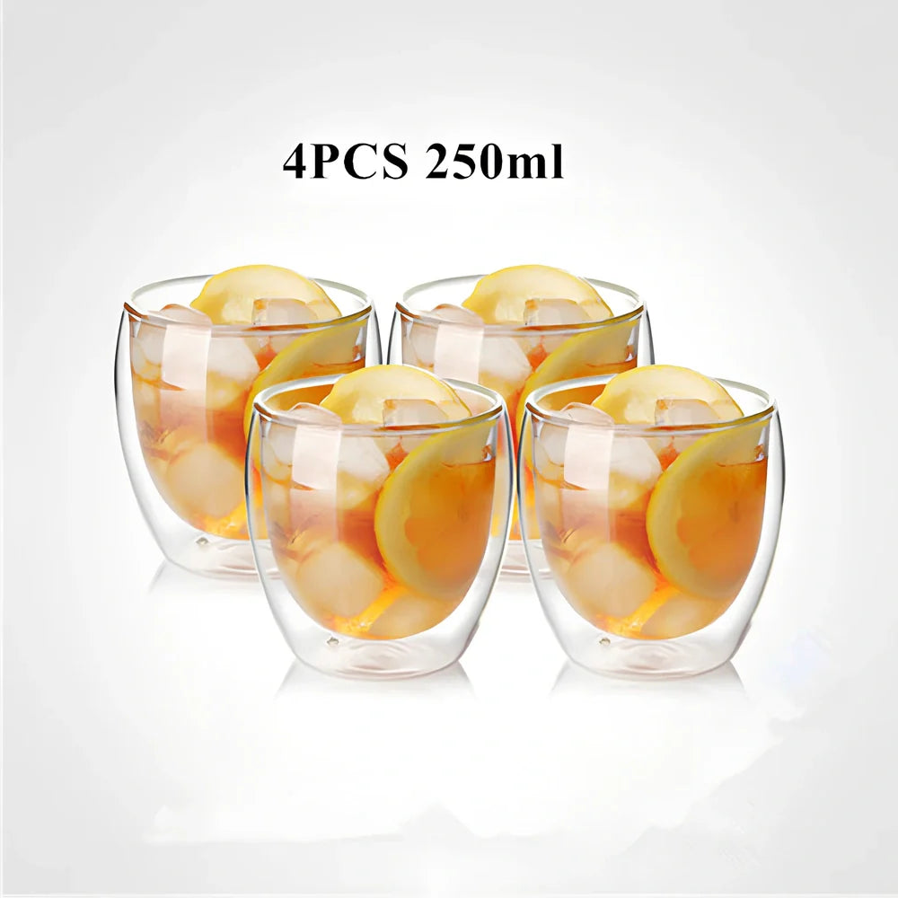 Clear double-layer glass coffee cup with Chinese-style design showing insulating air gap between walls
