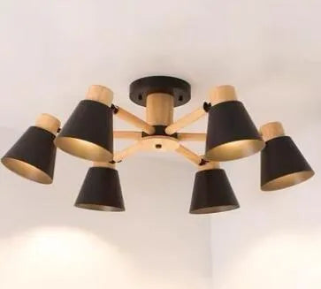 Nordic Macaron ceiling lamp with ironwood construction and multiple light heads in various colour options
