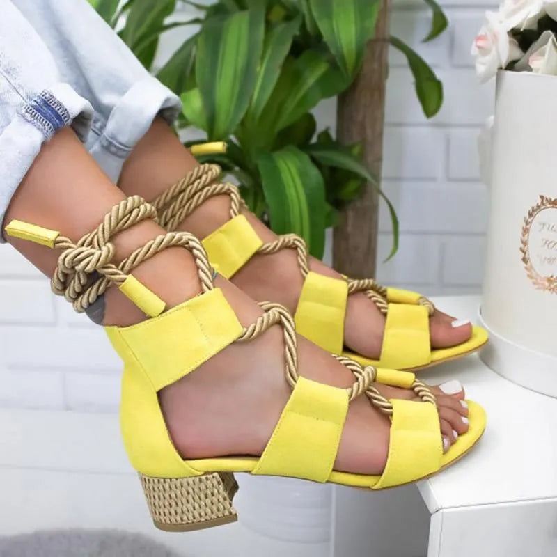 Women's beige suede sandals with thick 3-5cm heel, front strap, and ankle strap design