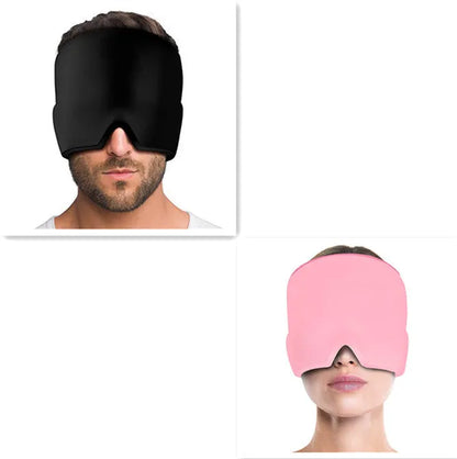 Black elastic gel headache relief mask laid flat showing eye contours and adjustable headband.