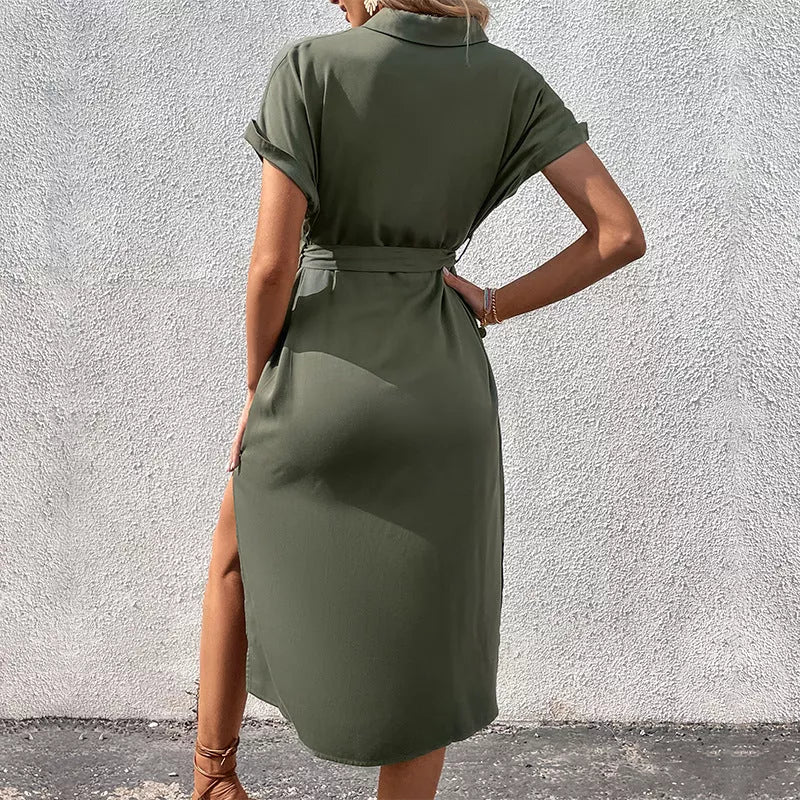 Summer long dress with button pocket and lace-up collar in Army Green and Blue