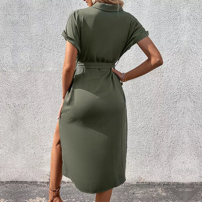 Summer long dress with button pocket and lace-up collar in Army Green and Blue