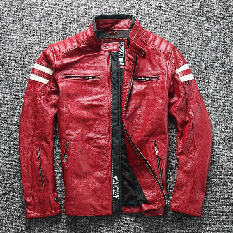 Motorcycle leather jacket in black cowhide with stand-up collar and multiple pockets, size S-3XL.