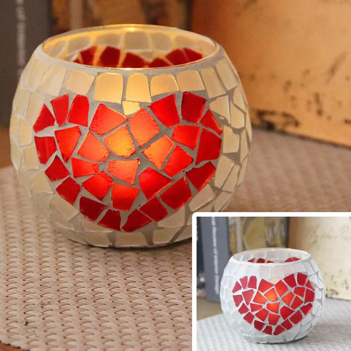 Mosaic glass candle holder in vibrant colors with elegant mosaic pattern