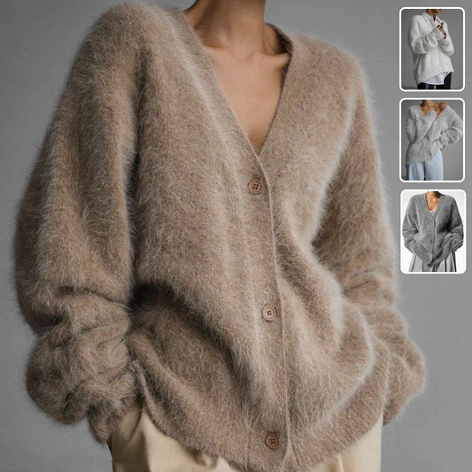 Cozy oversized cardigan with v-neck, button front, and variety of color options for women
