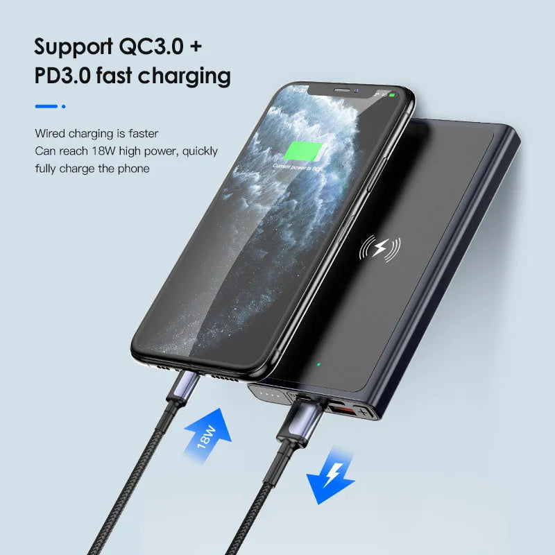 Black and blue alloy 10000mAh portable power bank with wireless charging function.