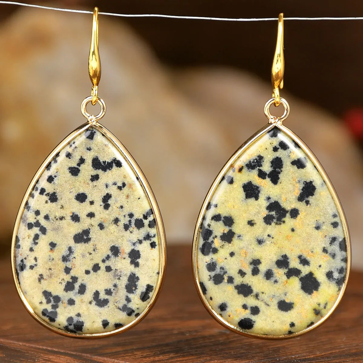 Women's retro natural stone drop earrings showing amethyst and green aventurine colour options on electroplated settings.