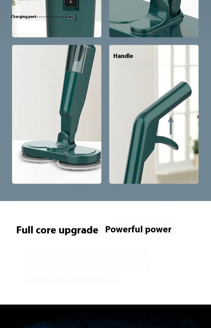 White and green cordless floor cleaning machine with sweeping brushes and water tank.