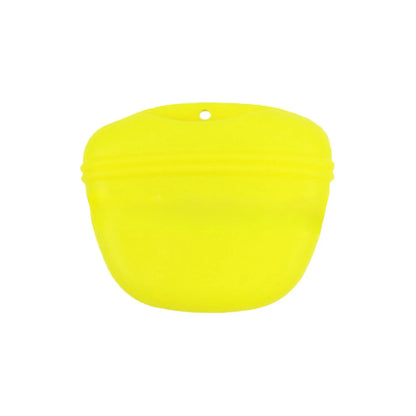 Black silicone dog training treat pouch with clip and magnetic closure shown attached to a belt.