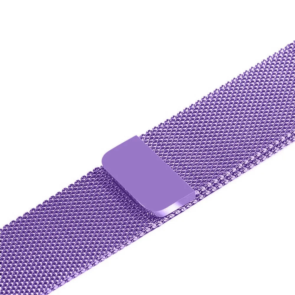 Stainless steel watch strap with metal links and buckle, shown in silver finish.