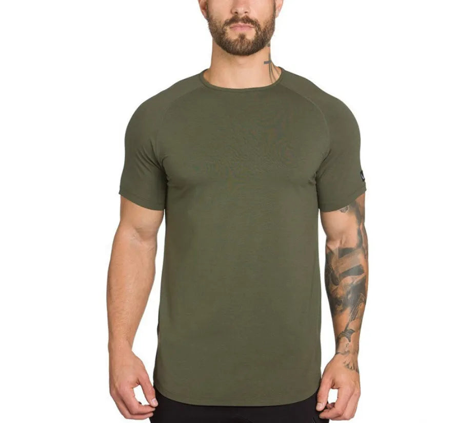 Mens plain gym shirt in cotton spandex blend, available in multiple colours and sizes with optional letter print