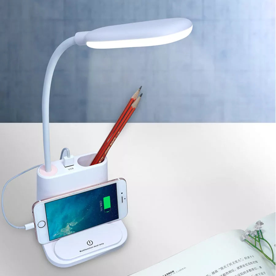 LED Rechargeable USB Desk Lamp with Phone Stand in white and pink options
