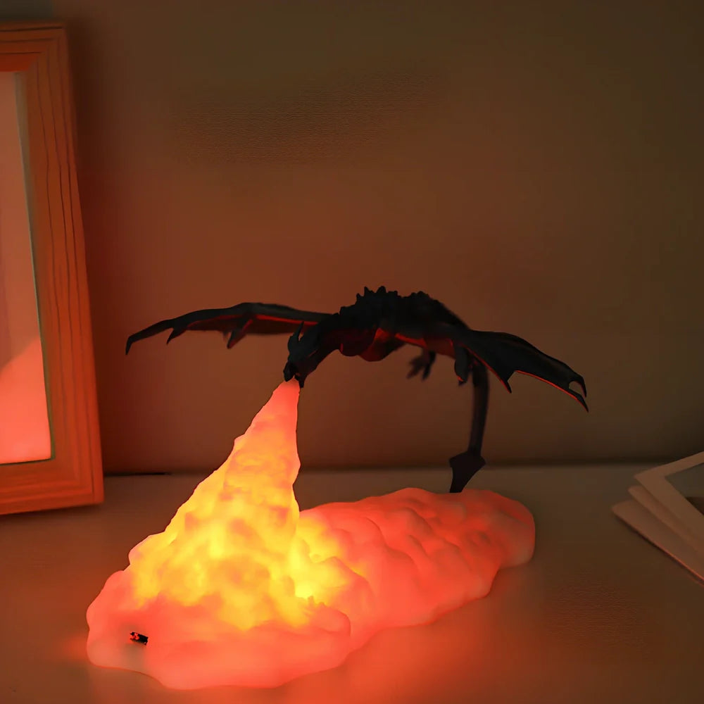 3D printed dragon LED night light with blue colour and fire-breathing illumination effect