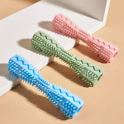 Hexagonal TPR chew toy for dogs in green, blue, or pink for teeth cleaning and anxiety relief