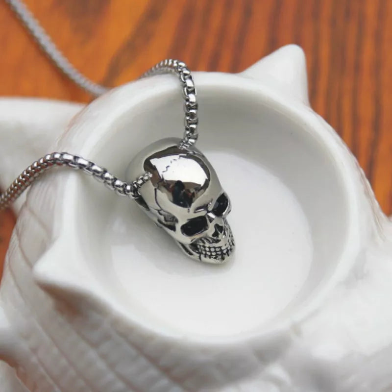 Men's titanium steel skull necklace with square pearl chain and metal pendant