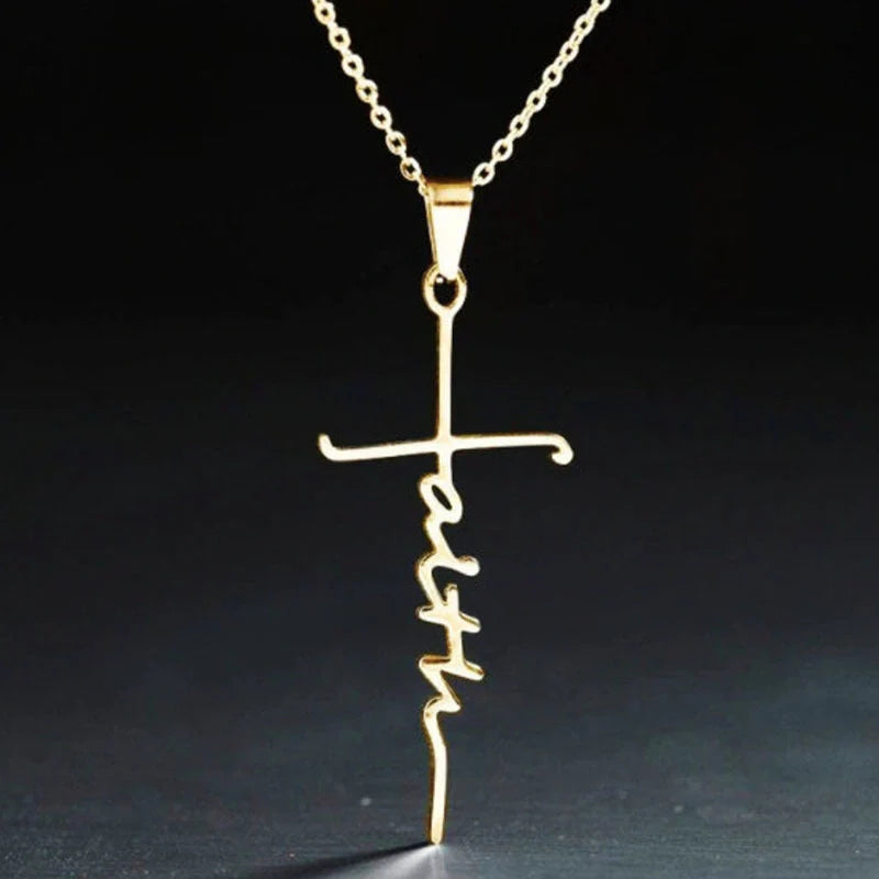 Stainless Steel Faith Necklace with adjustable chain in silver, gold, and rose gold finishes
