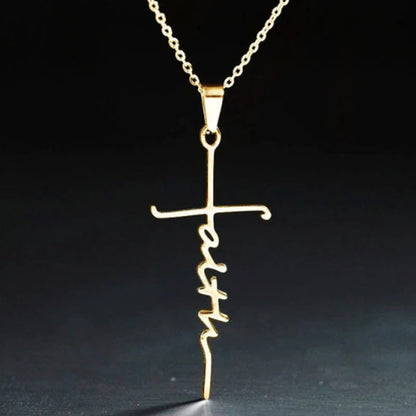 Stainless Steel Faith Necklace with adjustable chain in silver, gold, and rose gold finishes