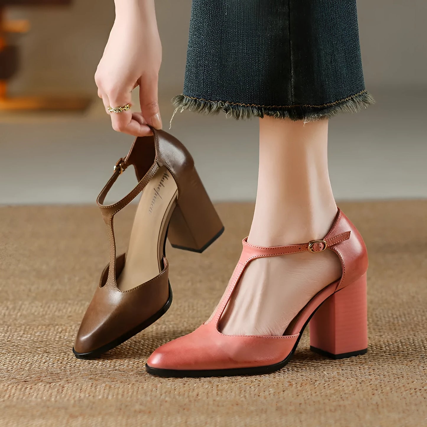 Retro pointed toe Mary Jane women's shoes with a buckle, in pink and dark brown cowhide.