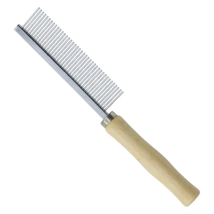 Wooden handle pet grooming comb with rounded needles for dogs and cats on a neutral background