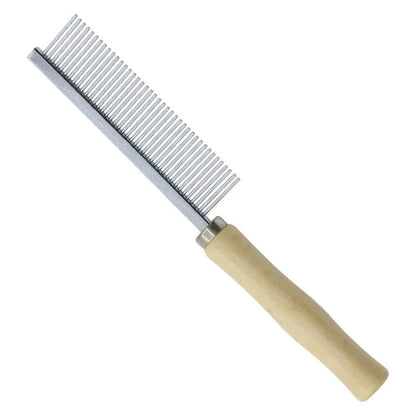 Wooden handle pet grooming comb with rounded needles for dogs and cats on a neutral background