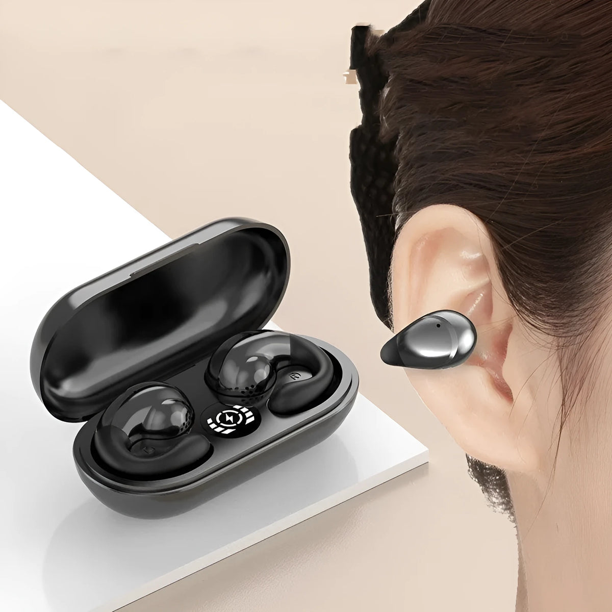 Wireless Bluetooth sports headphones with ear clip design in multiple colours on a black background
