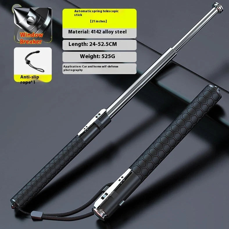 Automatic spring expandable baton in titanium black with aluminium alloy construction showing three length options