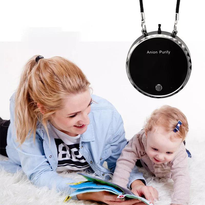 Portable hanging neck air purifier in black for smoke and dust removal