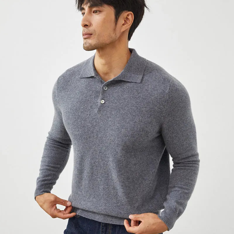 Men's sapphire blue cashmere pullover sweater with a polo collar, laid flat.