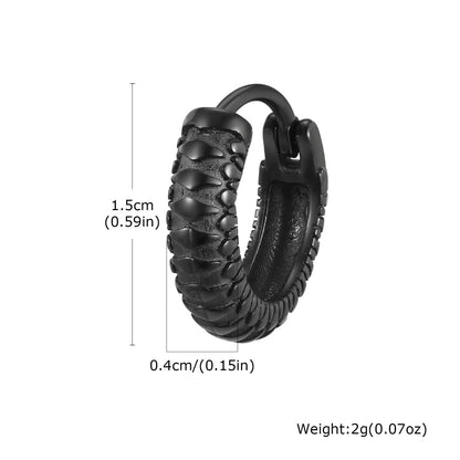 Pair of stainless steel earrings with snake pattern texture in black finish, 1.5cm diameter