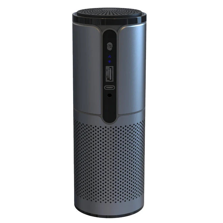 Compact car air purifier in black, reducing 99.9% of allergens with HEPA technology