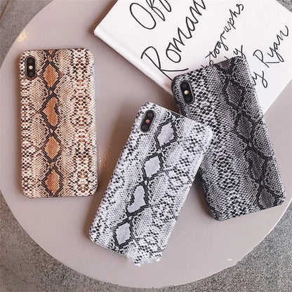 Leather snake skin phone case for iPhone in brown, grey or white, TPU and PC back cover