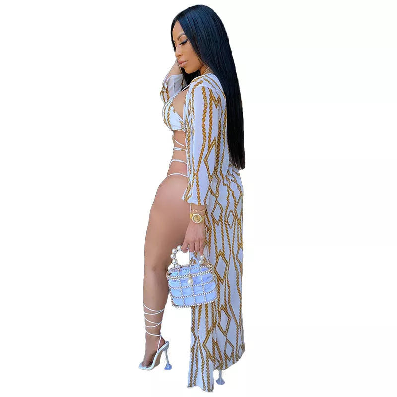 Three-piece European-American bikini swimsuit in white, perfect for beach outings