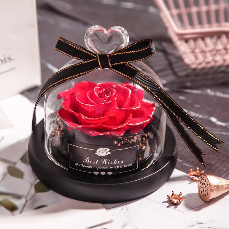 LED eternal real rose preserved in a glass dome home decor with colour options.