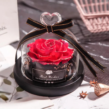 LED eternal real rose preserved in a glass dome home decor with colour options.