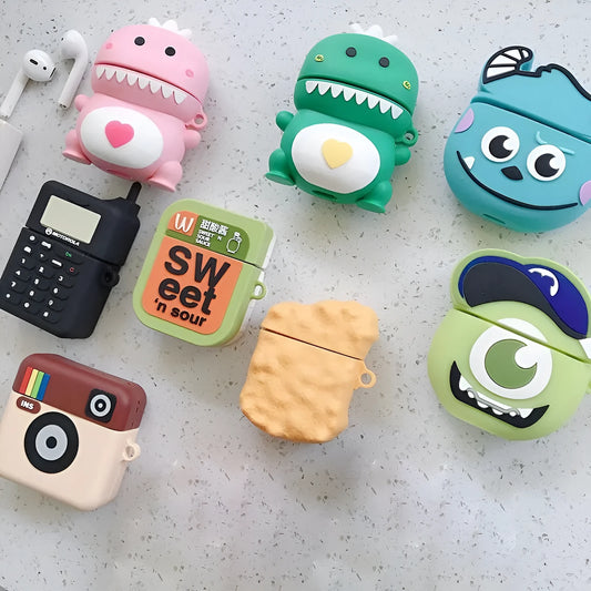 Green silicone protective case with a cartoon animal design for Apple AirPods 1 and 2 generation charging case