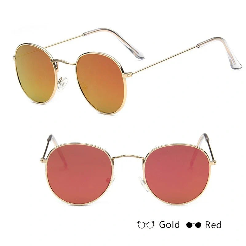 Stylish women's retro sunglasses with round frame and metal finish
