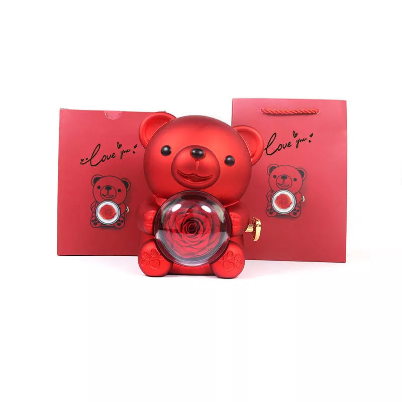 Eternal Rose Teddy Bear Jewelry Box with rotating drawer and preserved rose