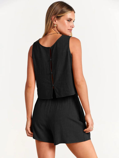 Women's summer two-piece set with sleeveless top and drawstring shorts in rayon linen blend.