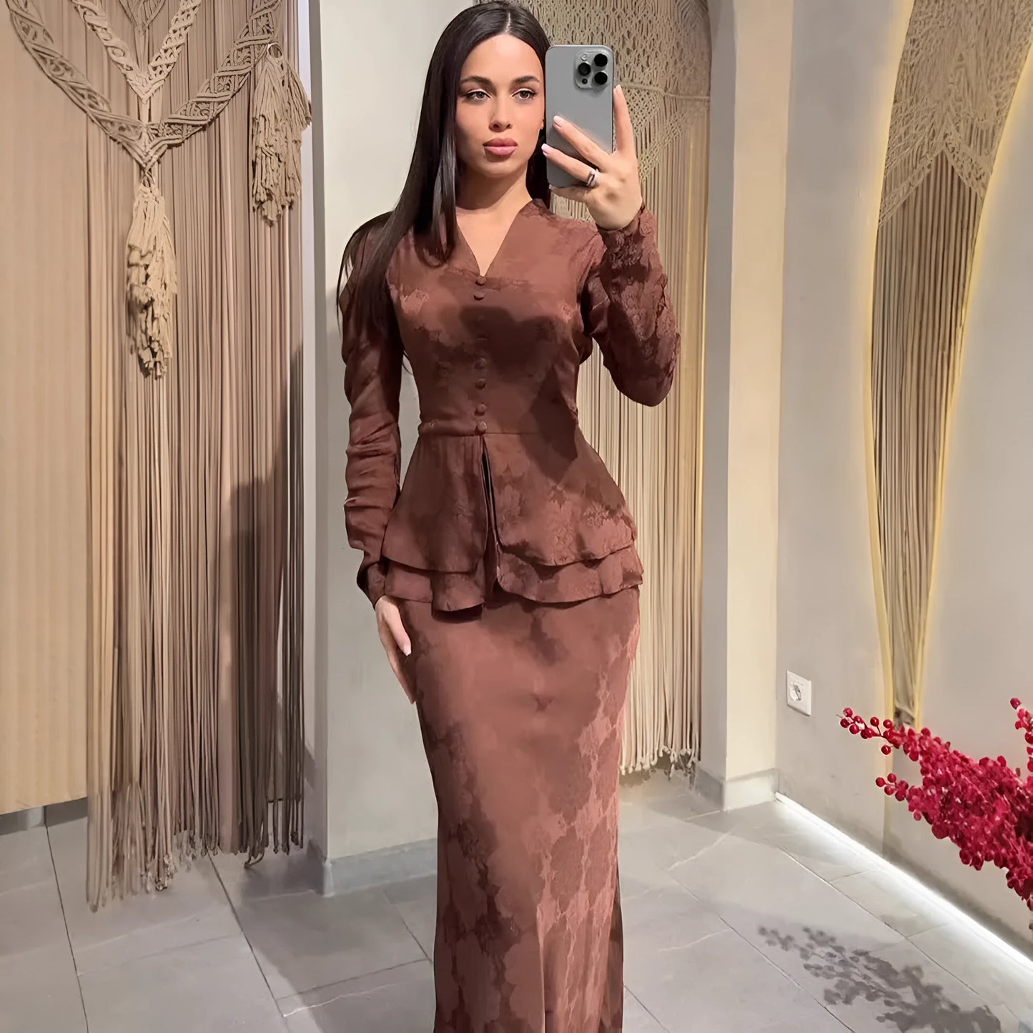 Dark brown retro women's long sleeve dress with floral pattern and button front.