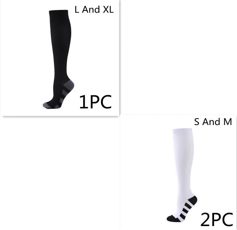 Athletic compression socks with three-bar design in black, pink, and white