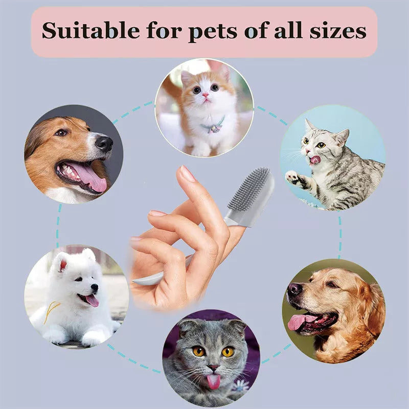 Silicone finger toothbrush for dogs and cats in pink, yellow, and white