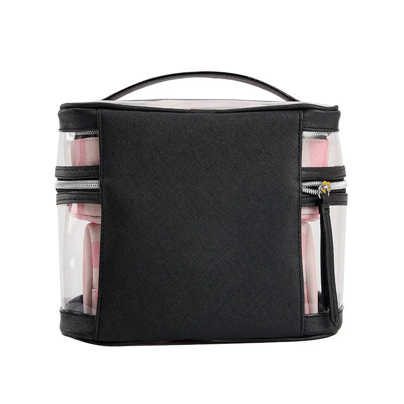 Pink and white floral pattern makeup bag with bold stripes, made from synthetic leather.