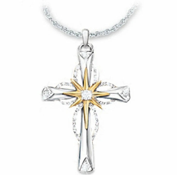Octagonal star-shaped silver cross pendant necklace with an adjustable chain, a versatile and stylish accessory for women