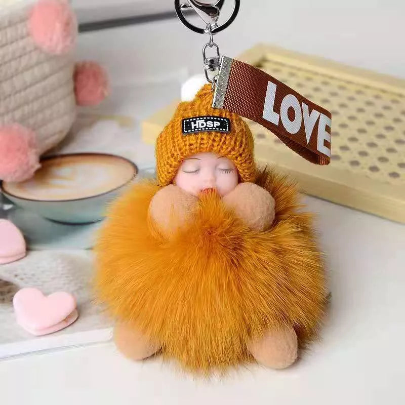 Hand-woven fox fur sleeping doll keychain pendant with optional bow