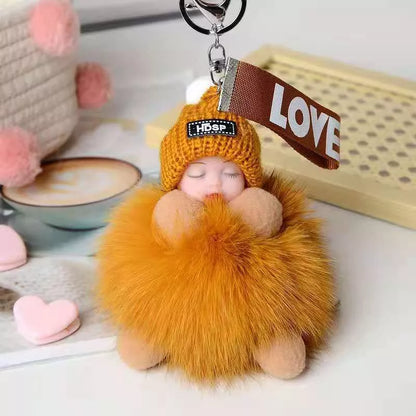 Hand-woven fox fur sleeping doll keychain pendant with optional bow
