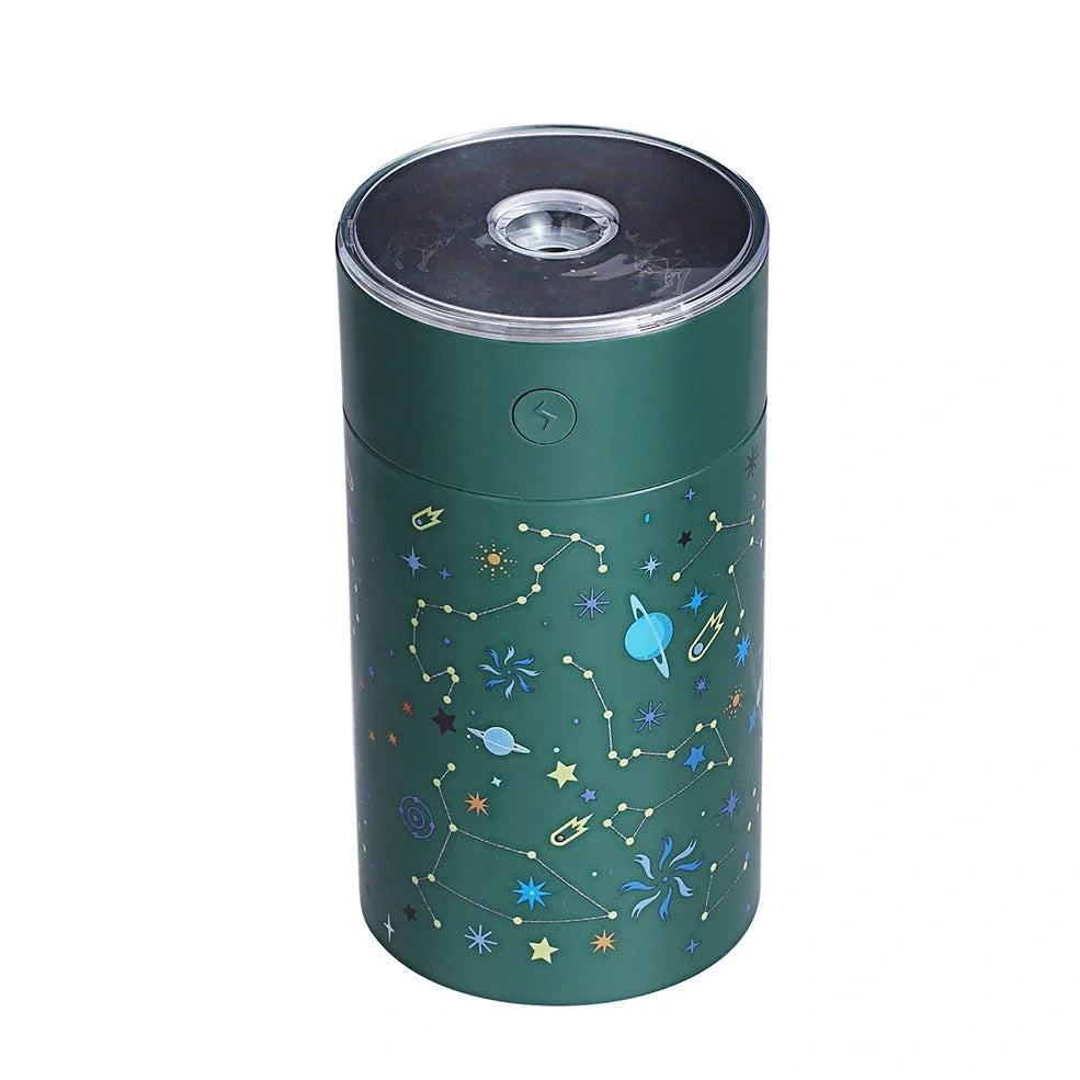 Round plastic star projector humidifier with water tank and USB cable, 67x67x125mm dimensions