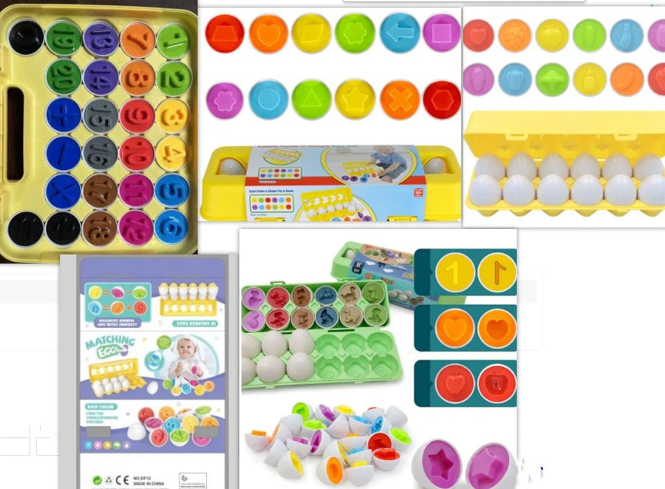 Educational shape matching egg toy with 12 colourful plastic eggs in storage case