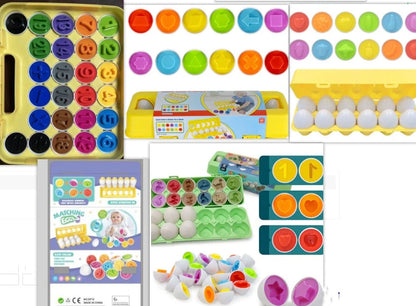 Educational shape matching egg toy with 12 colourful plastic eggs in storage case