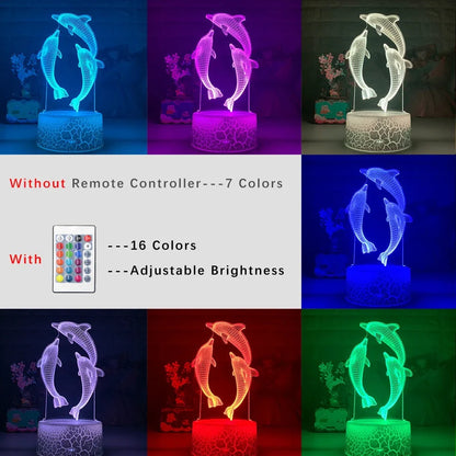 Black base dolphin 3D LED night light projecting image, 87x87x42mm size with USB cable and optional remote