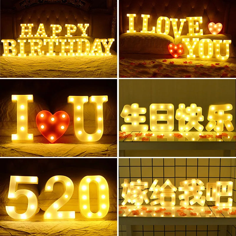 Plastic LED alphabet letter light spelling a message for a birthday or proposal.